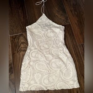PLT CREAM TEXTURED TIE HALTERNECK BODYCON DRESS